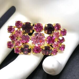 Vintage Pink & Red Rhinestone Rectangle Brooch, Gold Plated, 1960s